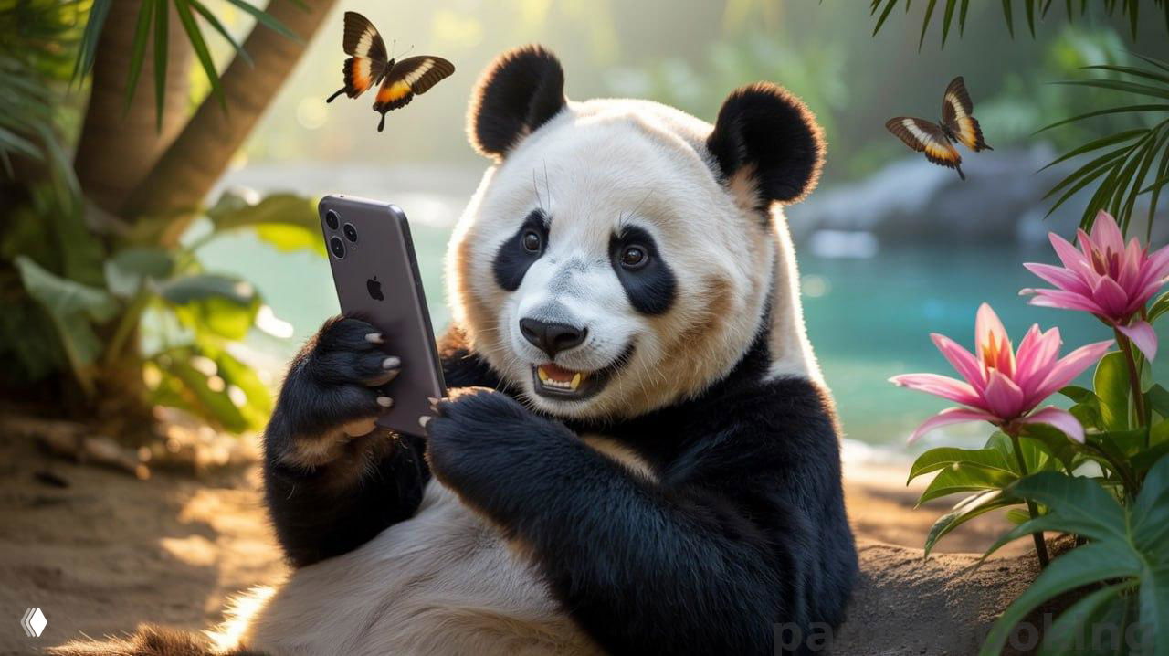 Иллюстрация: панда с смартфоном в руках на тропическом побережье, рядом бабочки, зелёные растения и яркие цветы