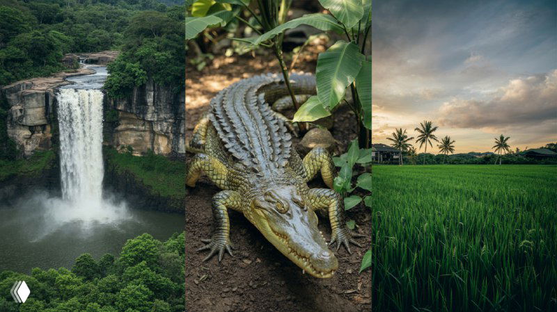 Коллаж: водопад в тропическом лесу, крокодил на ферме и зелёные плантации Хайнаня — иллюстрация маршрута.
