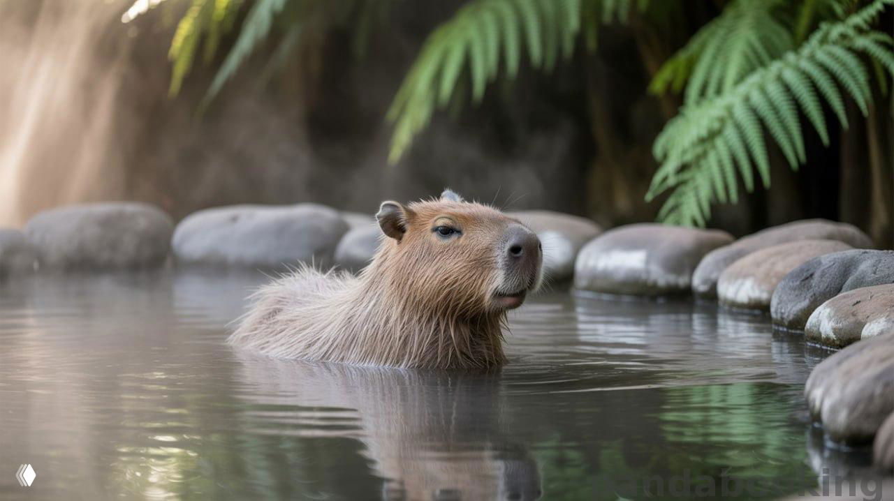 Капибара в термальном бассейне на фоне камней и зелени; снимок иллюстрирует животное, отдыхающее в парке Fuli на Хайнане.