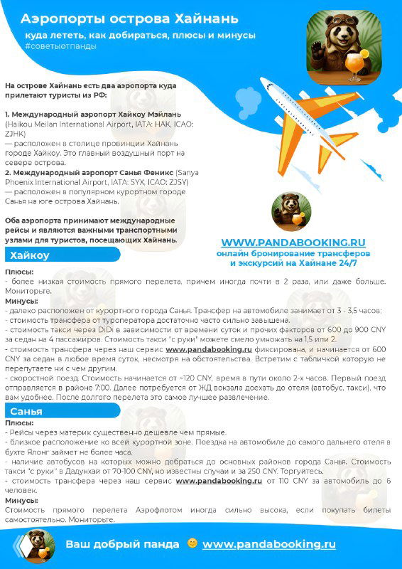 Инфографика: карта Хайнаня с указанием аэропортов Хайкоу Мэйлань и Санья Феникс, рисунком самолёта и логотипом панды.