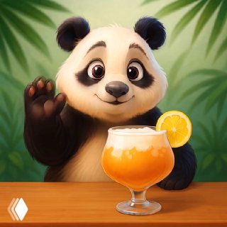Милый панда-талисман с напитком на фоне тропических листьев — иллюстрация канала о Хайнане и советах по бронированию.