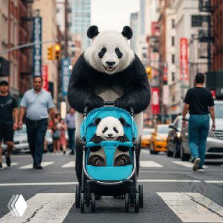 Человек в костюме панды толкает детскую коляску с плюшевой пандой через городской пешеходный переход на фоне улицы и такси.
