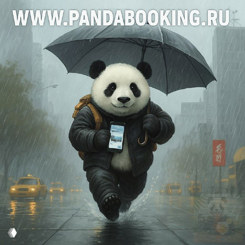 Панда под зонтом с телефоном идёт по дождливой мокрой улице, фон — дождливый городской пейзаж с машинами.