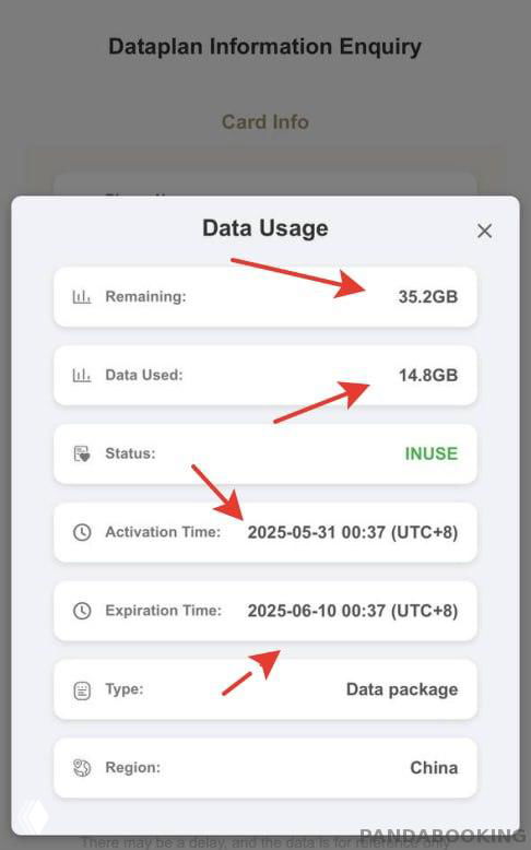 Скриншот окна Data Usage с полями Remaining, Data Used, Status, Activation Time и Expiration Time — экран показывает оставшийся трафик и даты активации/истечения.