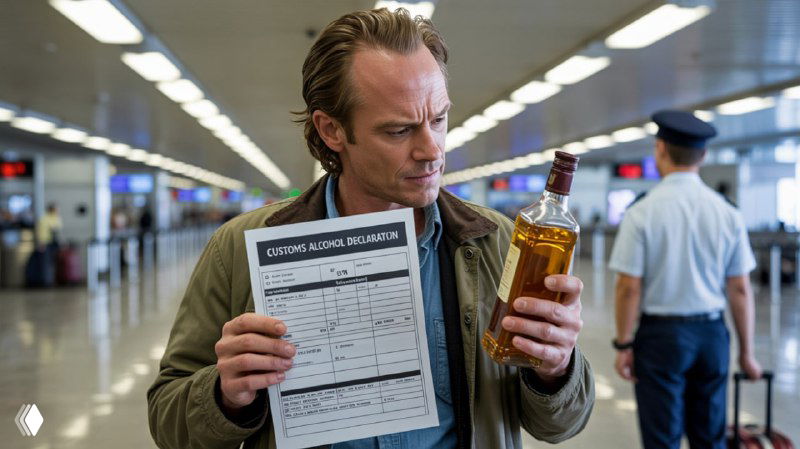 Пассажир в аэропорту с бутылкой алкоголя и таможенной декларацией — иллюстрация правил ввоза спиртных напитков при поездках.