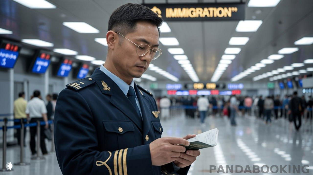 Сотрудник миграционной службы в аэропорту проверяет паспорт на фоне зоны паспортного контроля; заметен водяной знак Pandabooking внизу.