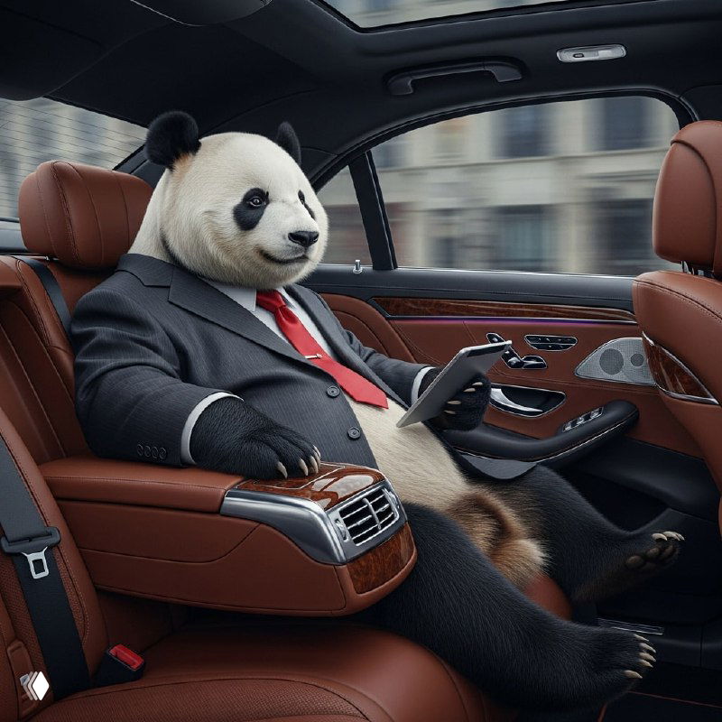 Панда в деловом костюме сидит в салоне премиум‑автомобиля VOYAH: кожаные сиденья, панорамная крыша и роскошный интерьер.