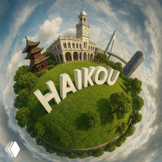 Круговой «tiny planet» вид достопримечательностей Хайкоу: пагода, здание с часами, современный мост и крупная надпись HAIKOU