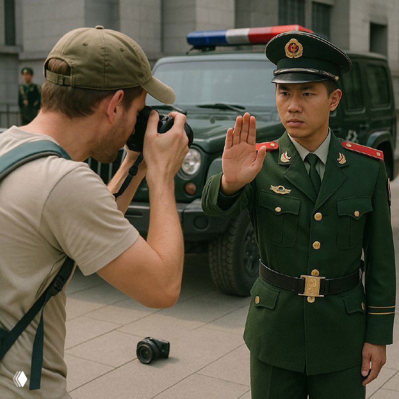 Китайский солдат в форме останавливает фотографа жестом 'стоп' на фоне полицейского автомобиля — пример риска съёмки объектов.