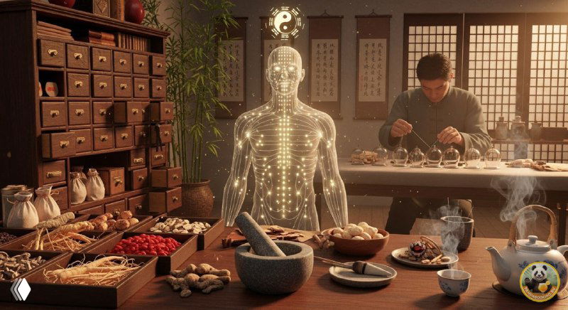 Интерьер клиники традиционной китайской медицины: врач за столом, сушёные травы, ступка и модель меридианов.