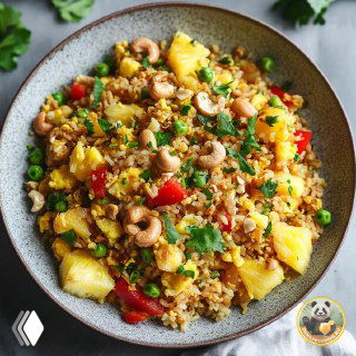 Тарелка с рисом, кусочками ананаса, орешками и зеленью — красочное азиатское блюдо, иллюстрация к советам о еде.