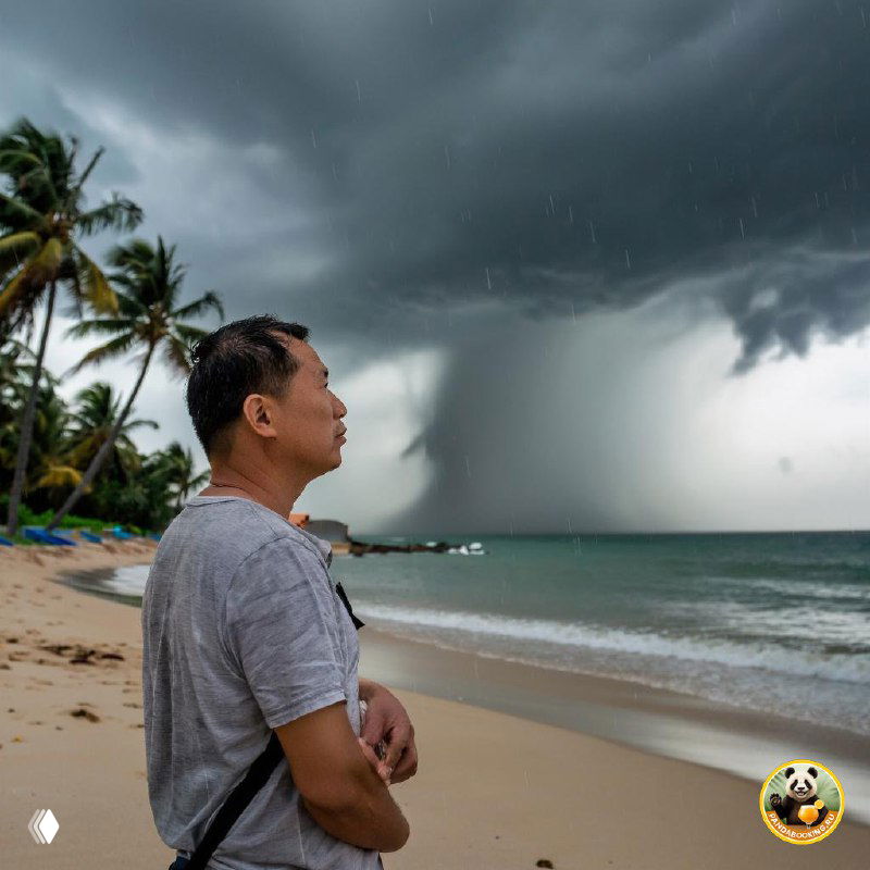 Мужчина на пляже Хайнань смотрит на тёмное бурное небо и удалённую воронку дождя над морем; пальмы и песок видны на переднем плане.