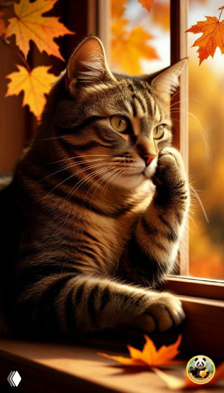 Вертикальные обои: тёплый портрет полосатого кота у окна на фоне осенних листьев — уютный мотив для телефона.
