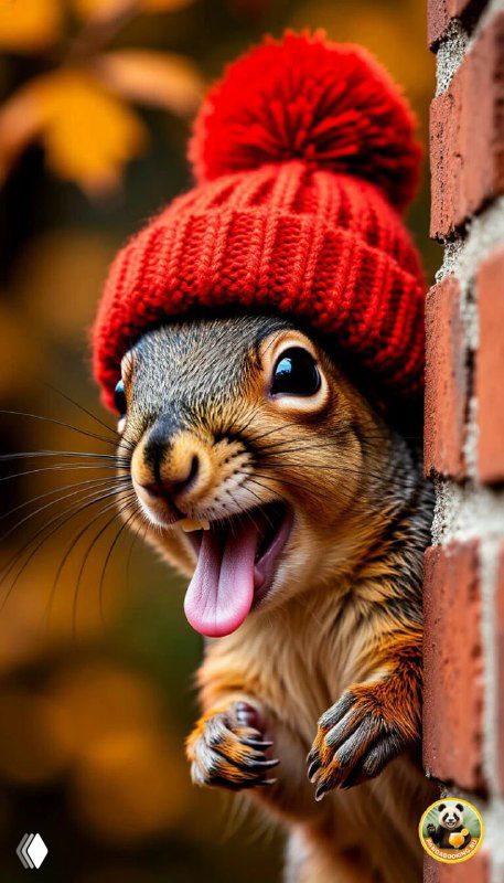 Обои: белка в яркой красной шапке, радостное выражение и осенний фон — милое осеннее изображение для телефона.