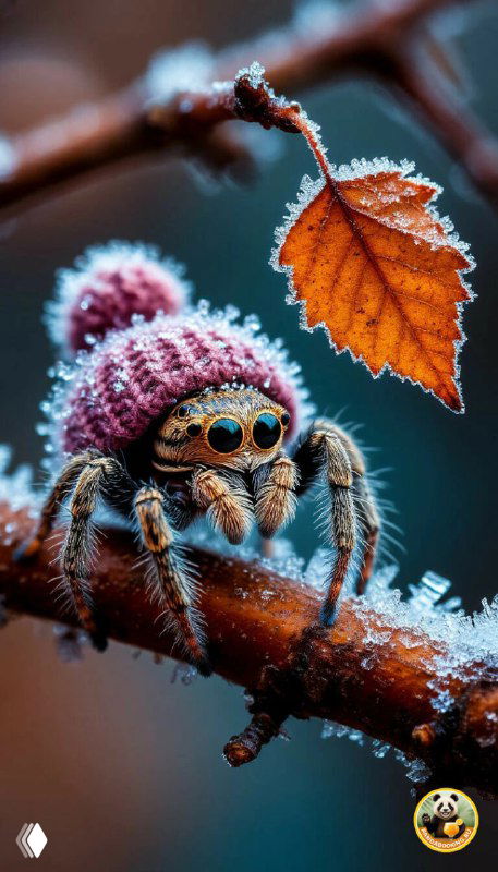 Обои: маленький паук в вязаной шапочке на замёрзшей ветке с листвой — необычный и сказочный осенний мотив.