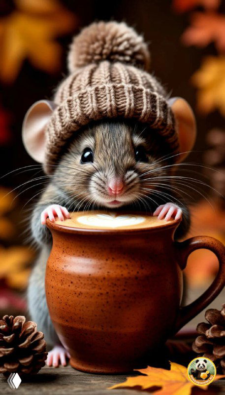 Обои: мышонок в тёплой шапке держит чайную кружку на фоне шишек и осенних листьев — уютное изображение для экрана.