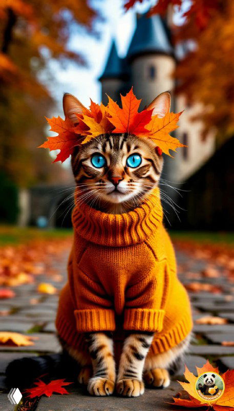 Обои: кот в тёплом свитере на фоне осеннего парка с опавшими листьями — милый сезонный портрет для мобильного фона.