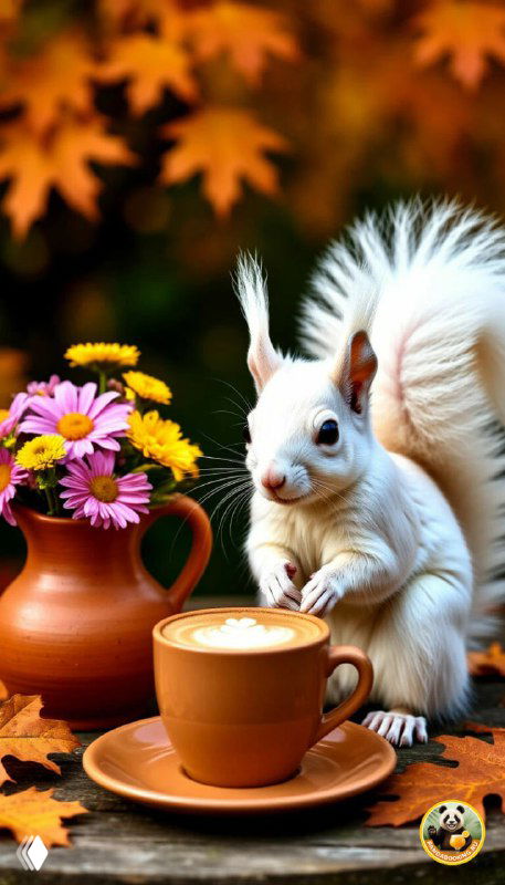Обои: белая белка рядом с чашкой и букетом цветов на осеннем фоне — нежный и уютный вертикальный кадр для телефона.