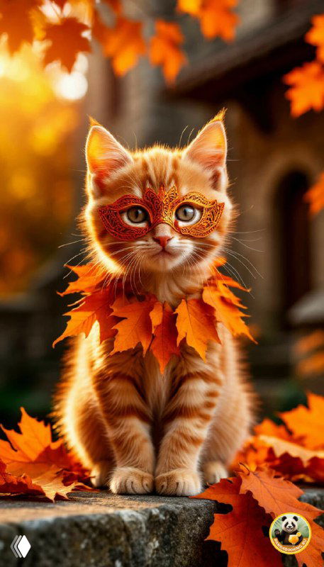 Обои: рыжий котёнок, играющий с осенними листьями на фоне тёплого света — очаровательный фон для телефона.
