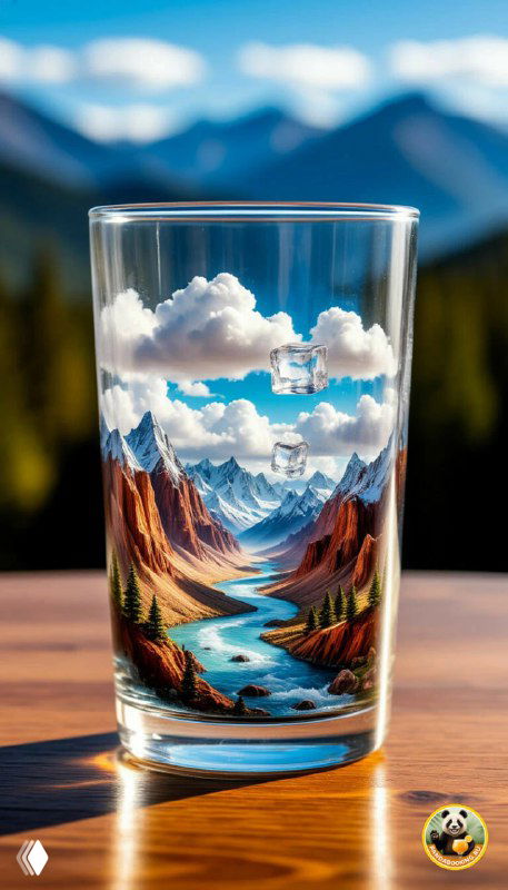 Вертикальные обои для телефона: на столе стоит прозрачный стакан с миниатюрным горным пейзажем внутри, облака, река и синие вершины на заднем плане, насыщенные цвета и художественная стилизация.