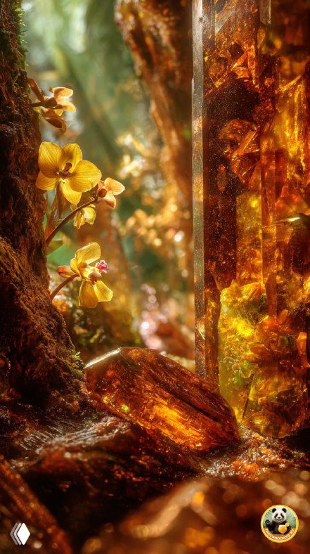 Вертикальные обои в тёплых тонах: сказочный лес с цветущими орхидеями и лучами солнца, детализированная макросъёмка деревьев и мха, атмосферная осенняя палитра для смартфона.