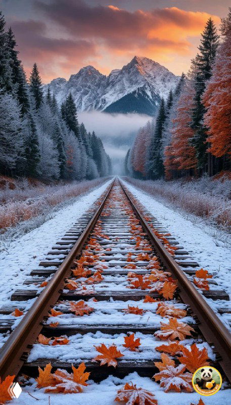 Вертикальные обои: железная дорога, покрытая снежными рельсами и осенними листьями, ведущая к горам на горизонте при закате, контраст холодных и тёплых оттенков.
