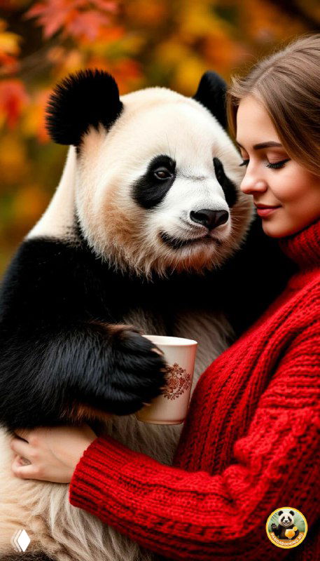 Вертикальные обои с милым сюжетом: большая панда рядом с женщиной в красном свитере держит чашку, тёплая осенняя сцена с мягким боке и красочными листьями.