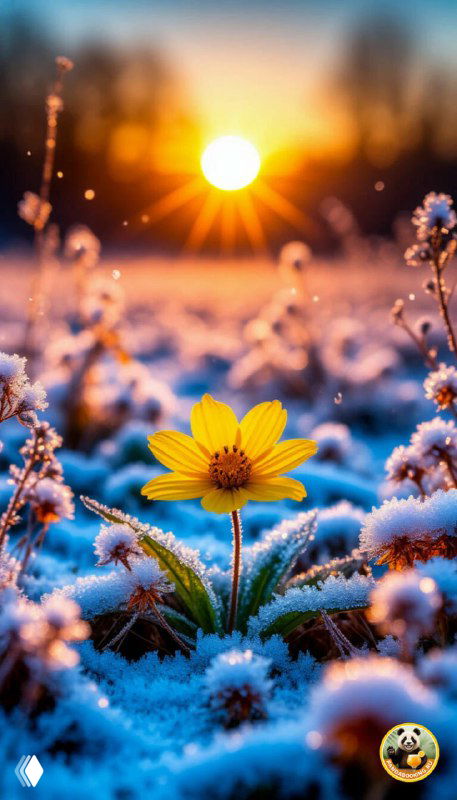 Вертикальные обои: цветок на фоне утреннего поля с инейным покрытием и мягким солнцем на горизонте, поэтическая макросъёмка для экранов телефонов с осенним настроением.