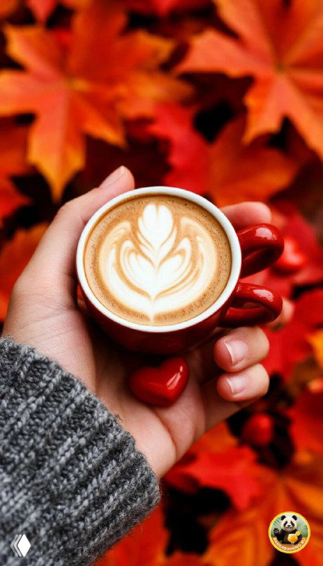 Вертикальные обои: кофейная чашка в руках на фоне осенних листьев, теплые тона, стильная постановка для уютного мобильного фона с акцентом на текстуру и цвет.