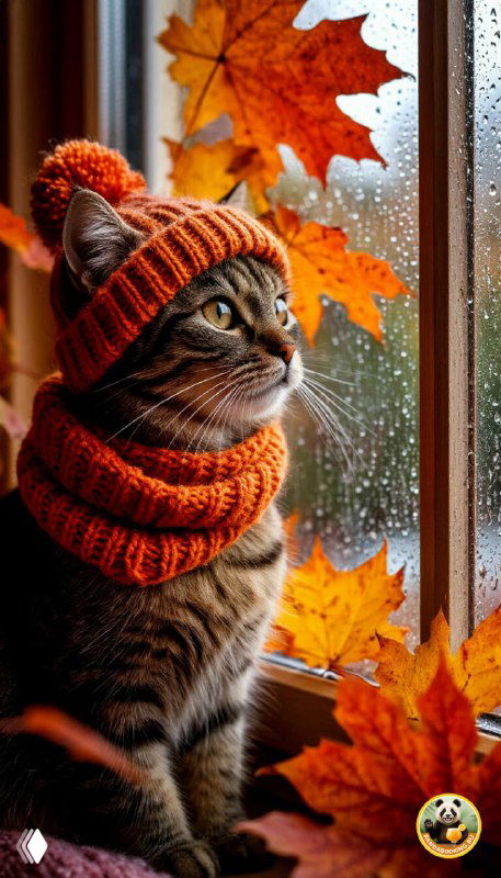 Вертикальные обои: домашний кот в тёплом шарфе у окна, за окном падают осенние листья, уютная интерьерная сцена с мягким светом и спокойной атмосферой для телефона.