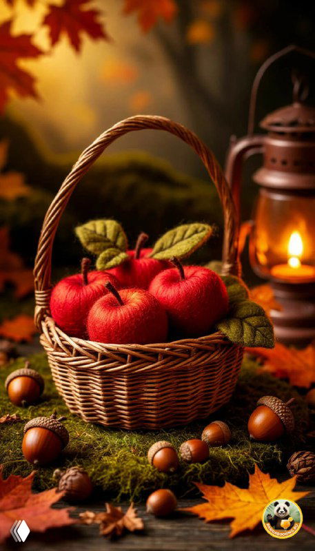 Вертикальные обои: корзина с яблоками и кленовыми листьями, натюрморт в тёплой осенней гамме, уютный деревенский мотив для экранов смартфонов и сезонного оформления.