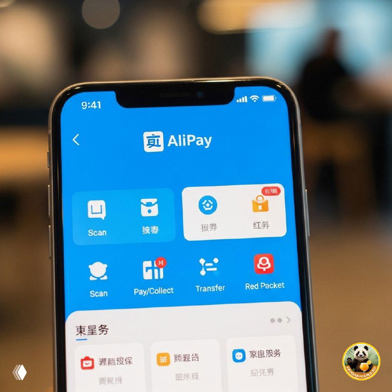 Фото экрана смартфона с открытым приложением Alipay: видны иконки сервисов, меню платежей и уведомления на фоне размытой обстановки.
