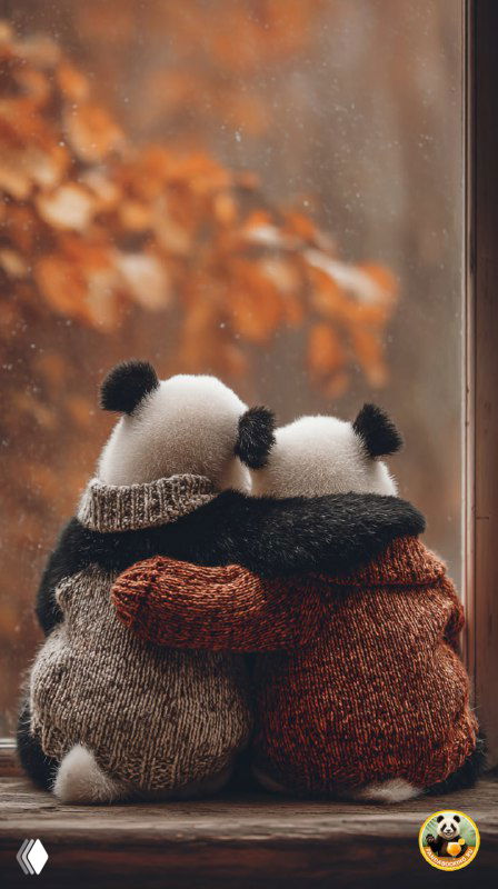 Две вязаные игрушки-панды, согревающиеся на подоконнике; за окном размытый осенний пейзаж с желтыми листьями и теплым светом.