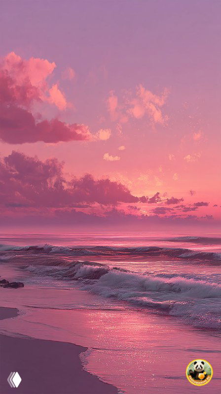 Вертикальный розово-фиолетовый закат над морем; спокойная вода, легкие облака и пастельная гамма для нежного фонового изображения.
