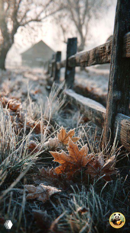 Утренний замерзший пейзаж: ограда и сухие листья в инее, приглушенные холодные тона — атмосферная вертикальная фотография.