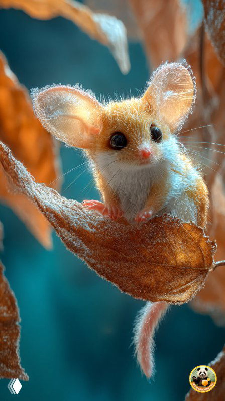 Милый маленький зверёк с большими ушами, спрятанный в осеннем листе; сказочный и иллюстративный стиль, подходящий для детского фона.