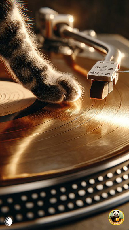 Крупный план винилового проигрывателя с лапкой кота; тёплые коричневые тона и ностальгическая атмосфера для стильного обоя.
