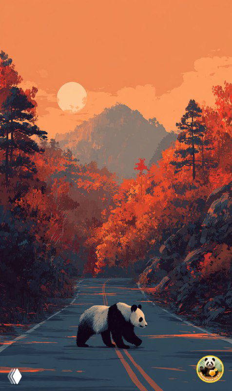 Панда на лесной дороге среди красно-оранжевых деревьев; спокойная осенняя сцена с мягкой иллюстративной обработкой.