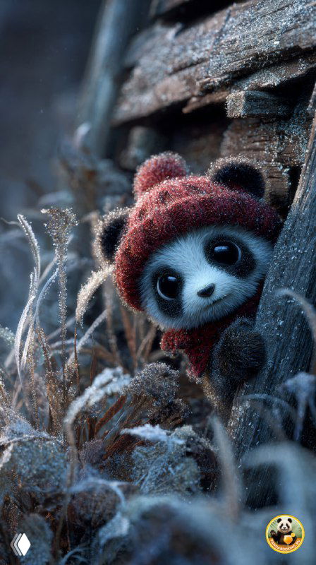 Маленькая панда в теплой шапке, прижимающаяся к древесной коре; милая иллюстрация с холодными и контрастными осенними оттенками.