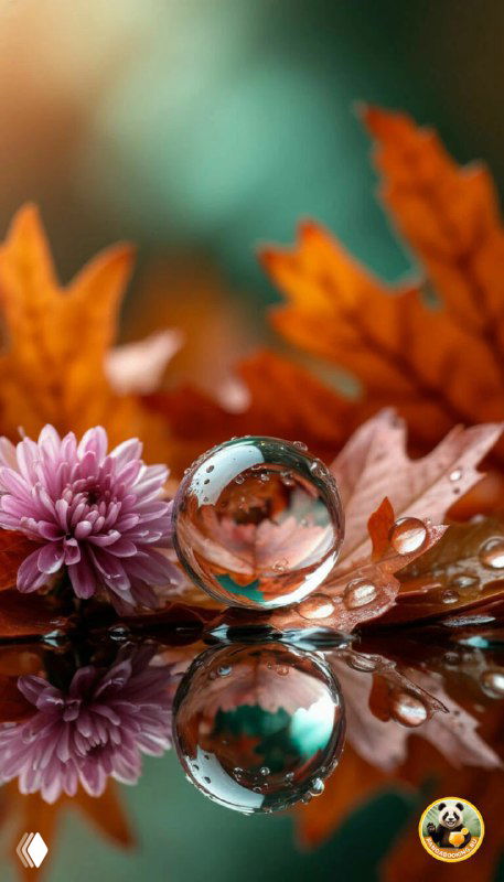 Капля воды на поверхности с отражением осенних листьев и цветов; художественный макро-кадр с тёплой палитрой для стильных обоев.