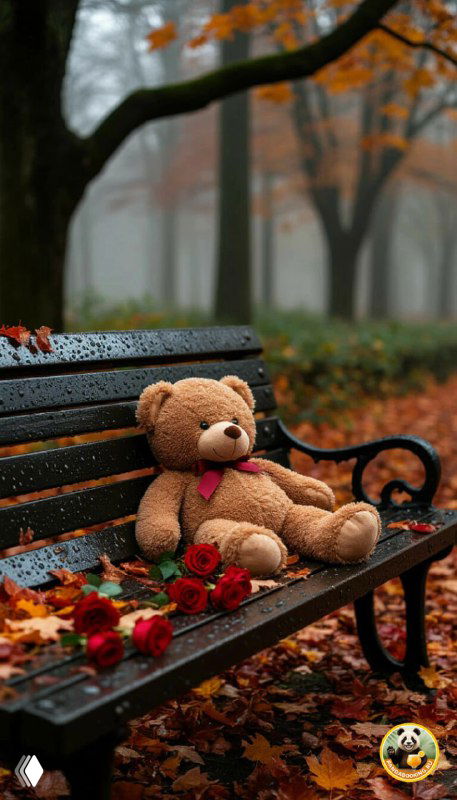 Плюшевый медвежонок, сидящий на скамейке в парке среди листьев и роз — ностальгический тёплый снимок в вертикальном формате.