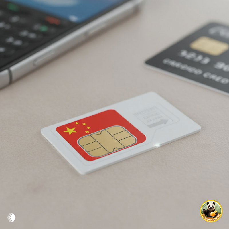 SIM‑карта с чипом и китайским флагом на столе рядом с телефоном и банковской картой — иллюстрация услуги доставки SIM‑карт в Санье.