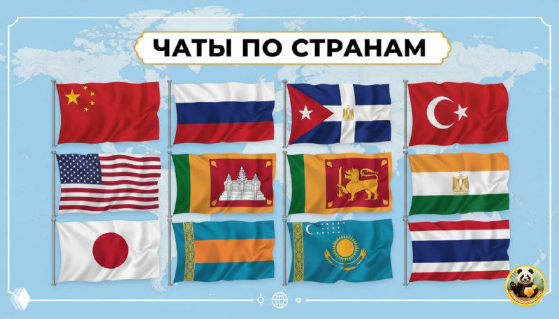 Коллаж с заголовком «ЧАТЫ ПО СТРАНАМ» на фоне карты мира и ряда флагов разных государств, иллюстрация для каталога Telegram‑чатов.