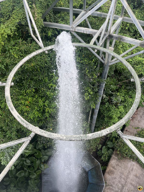 Мощная струя фонтана, взмывающая сквозь круглую опору на фоне зелёных растений — эффект, зависящий от громкости крика.