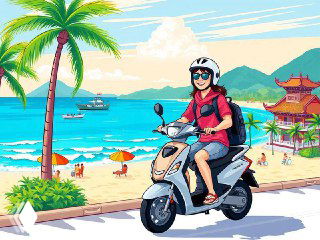 Иллюстрация: турист на скутере в шлеме едет по набережной Хайнаня на фоне пляжа, пальм и спокойного моря, яркая рекламная сцена.