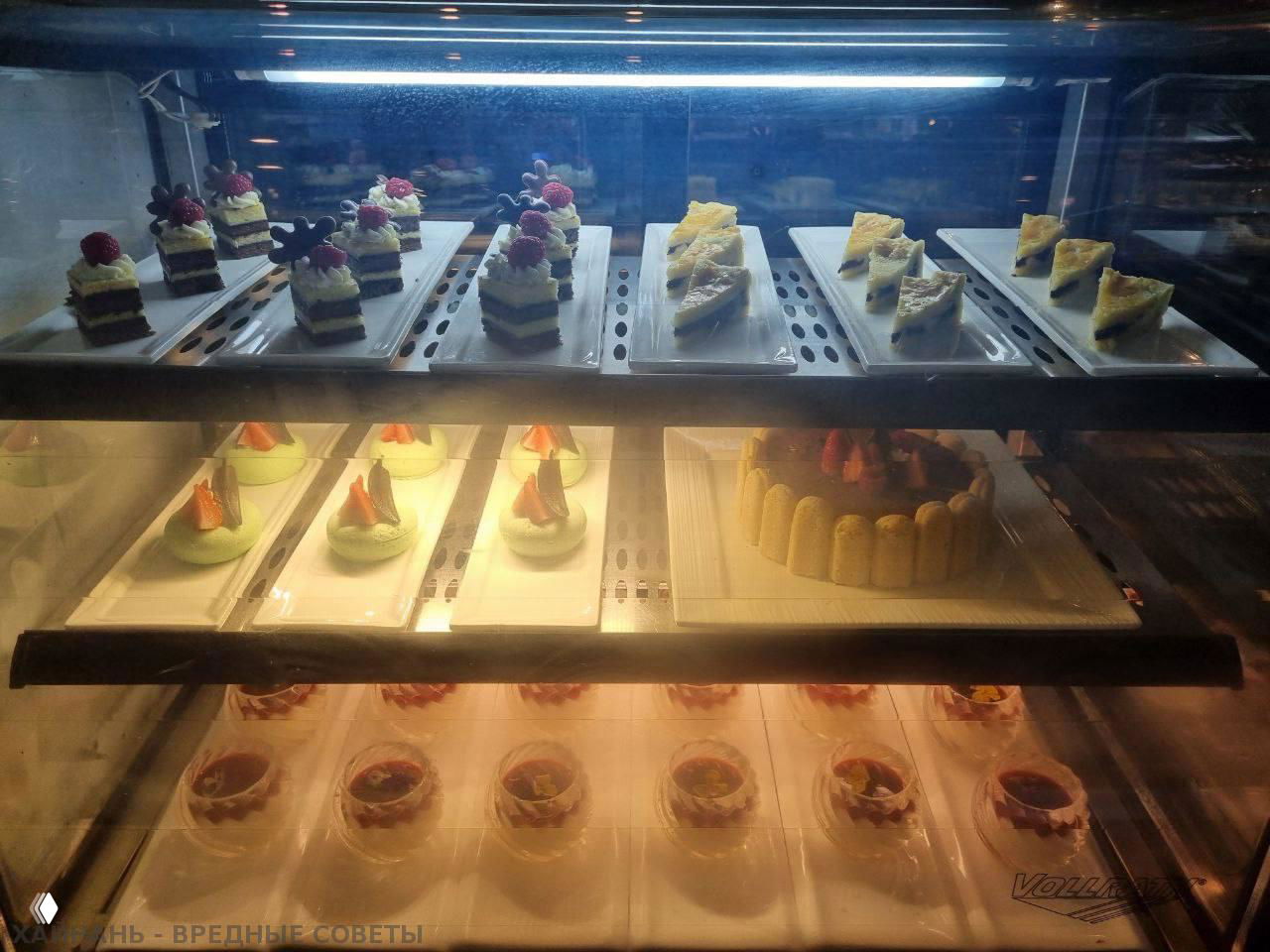 Стеклянная холодильная витрина с десертами: маленькие кусочки тортов, мини-десерты и порционные сладости на полках шведского стола, вид ассортимента десертов в Pullman.