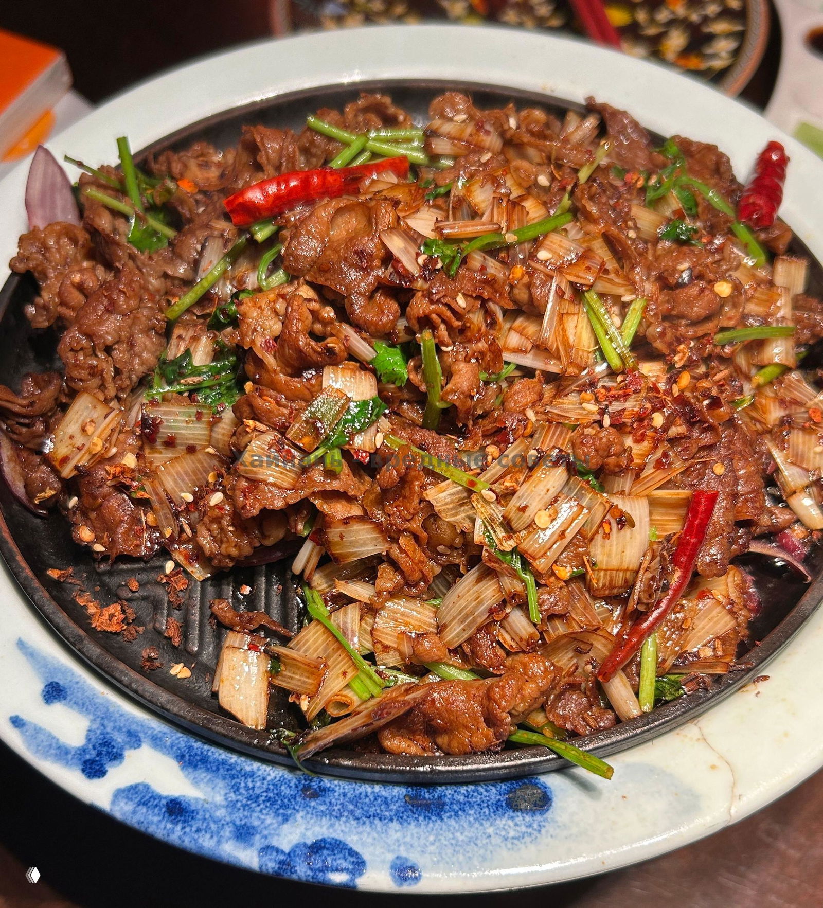 Крупный план жареного блюда с ломтиками мяса, зеленью и перцем, сочная текстура и характерная азиатская подача.