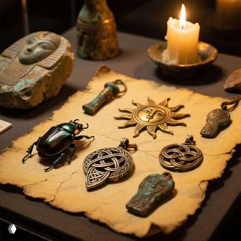 Светлая композиция с древними амулетами на пергаменте: скарабей, анкх, кельтские узлы и солнечный символ рядом со свечой, демонстрация артефактов и атмосферы