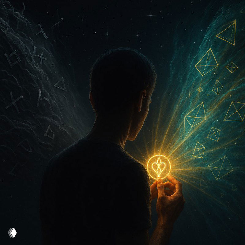 Силуэт человека держит светящийся символ в ладони на фоне тёмного пространства с энергетическими волнами и абстрактными фигурами