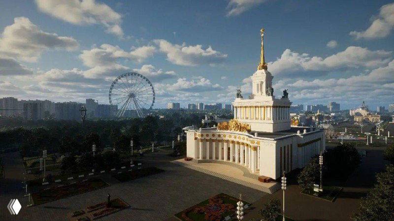 Панорамный вид виртуального павильона ВДНХ: монументальное здание с шпилем, на фоне колеса обозрения и зелёной парковой зоны.